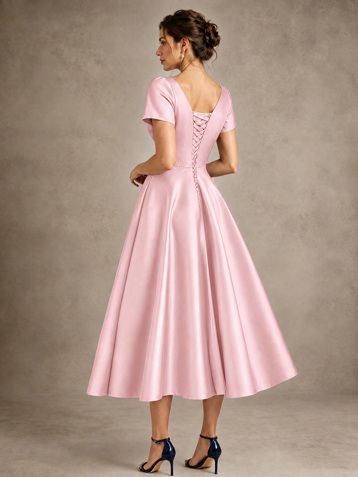 V-Neck Tea-Length Satin Mother of the Bride Dress with Bow