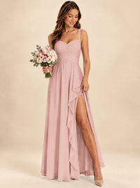 Spaghetti Straps Pleated Chiffon Bridesmaid Dress with Ruffle Slit