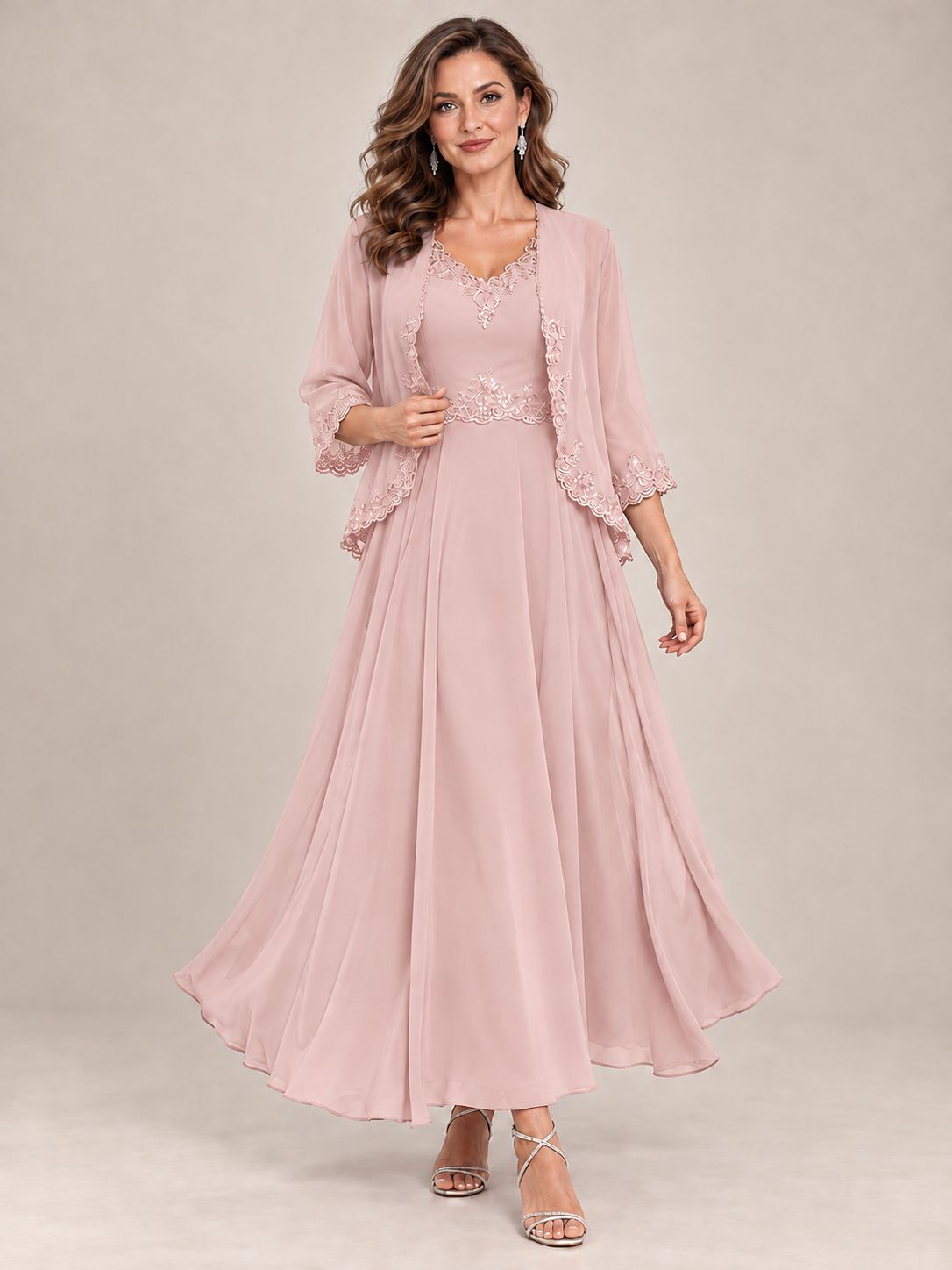 Dusty Blue Floral Lace Chiffon Mother of the Bride Dress with Jacket