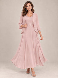 Dusty Blue Floral Lace Chiffon Mother of the Bride Dress with Jacket