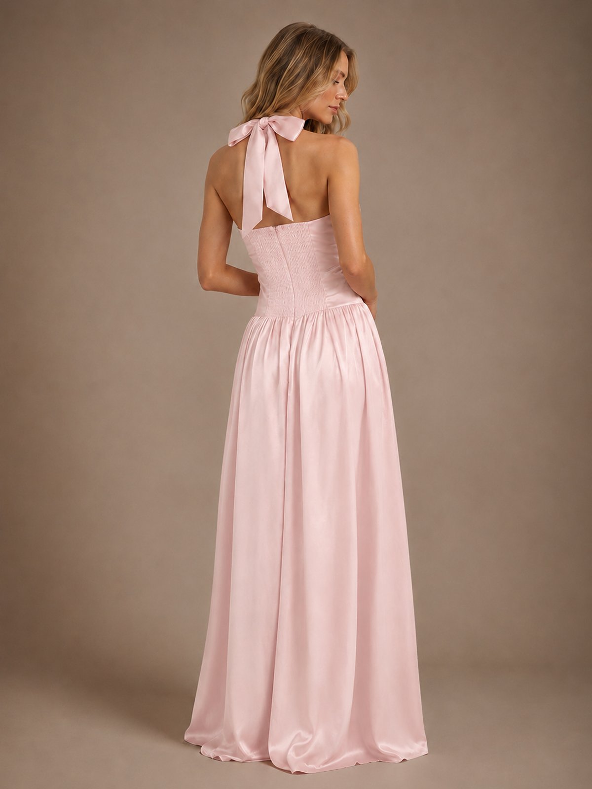 Pink V Neck Halter Satin Maxi Dress