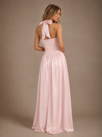 Pink V Neck Halter Satin Maxi Dress