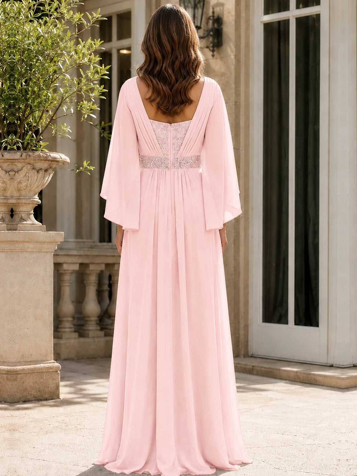 Elegant V-Neck Sequined Chiffon Mother of the Bride Dress with Flutter Sleeves