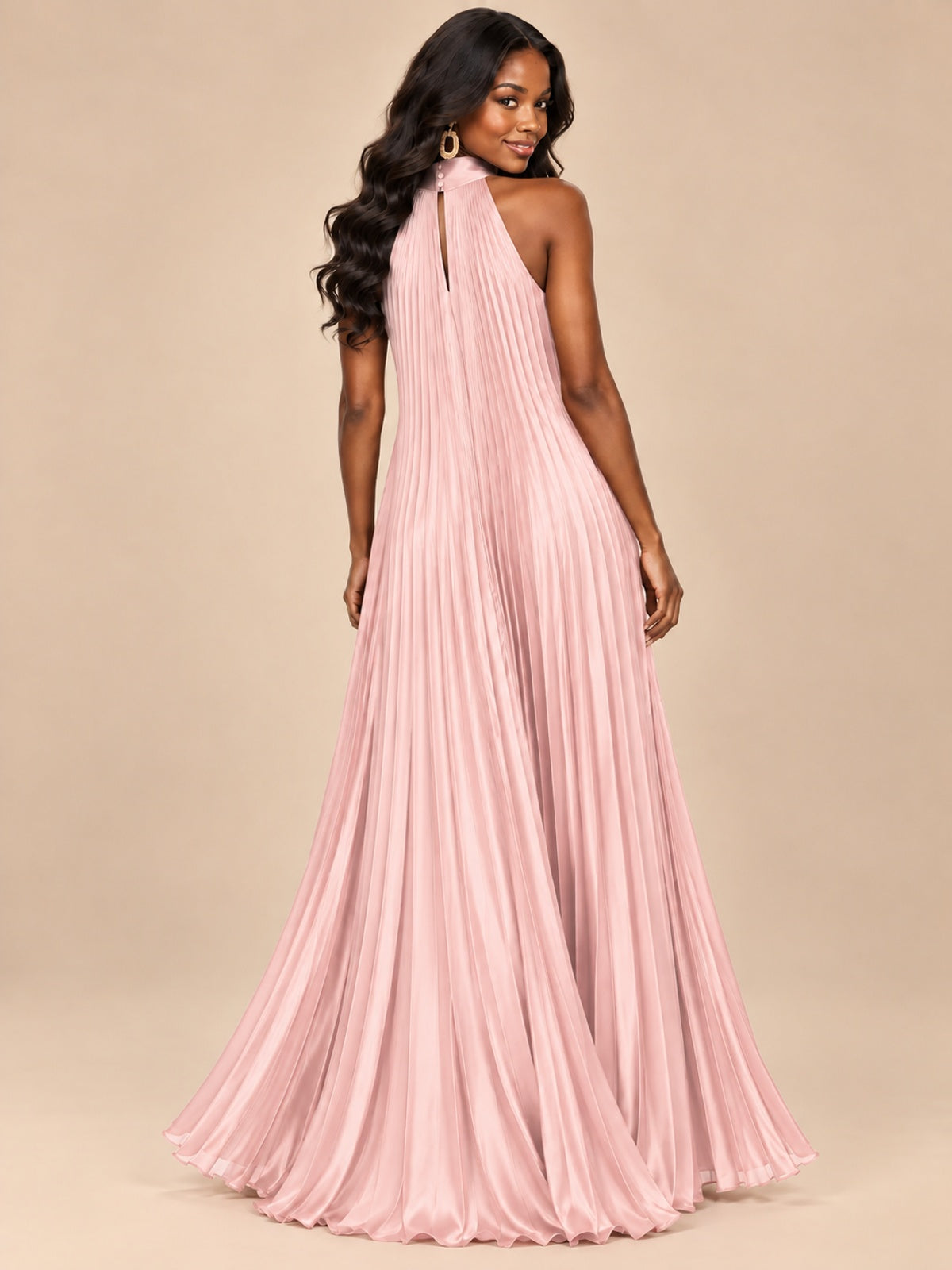 Rust Orange Pleated Halter Neck Maxi Dress