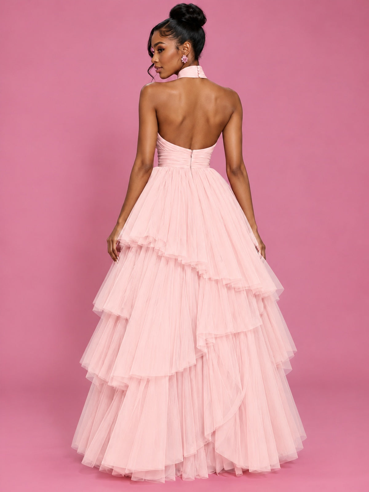 Hot Pink Tulle Halter Neck Tiered Ruffle Maxi Dress