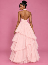 Hot Pink Tulle Halter Neck Tiered Ruffle Maxi Dress