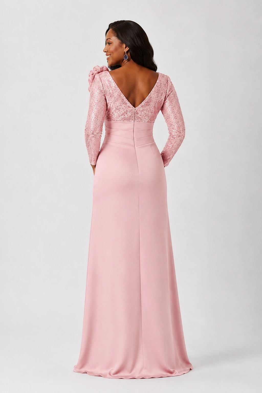 Sequin Mother of the Bride Dress with Long Sleeves 3D Floral V-Neck Gown