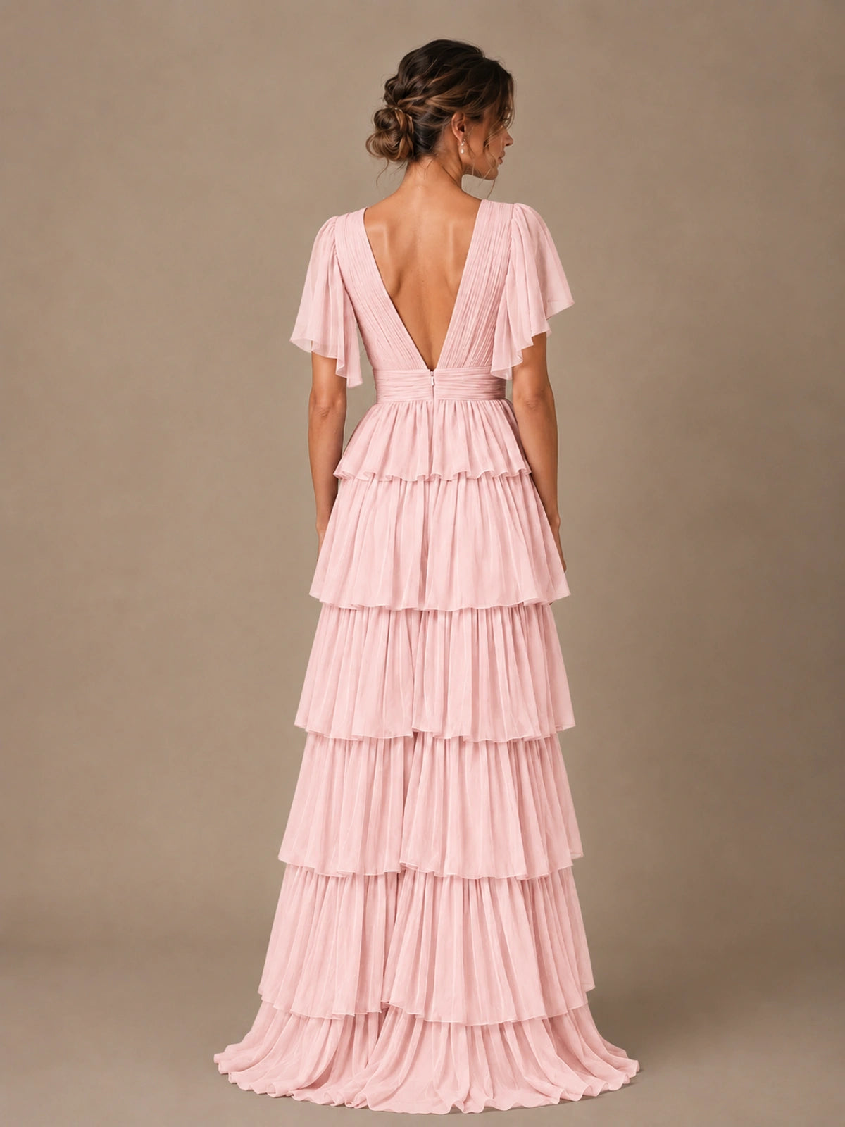 Chiffon V-Neck Tiered Ruffle Bridesmaid Dress with Slit