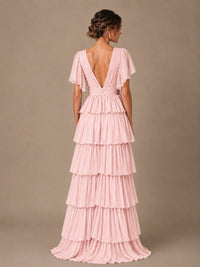 Chiffon V-Neck Tiered Ruffle Bridesmaid Dress with Slit