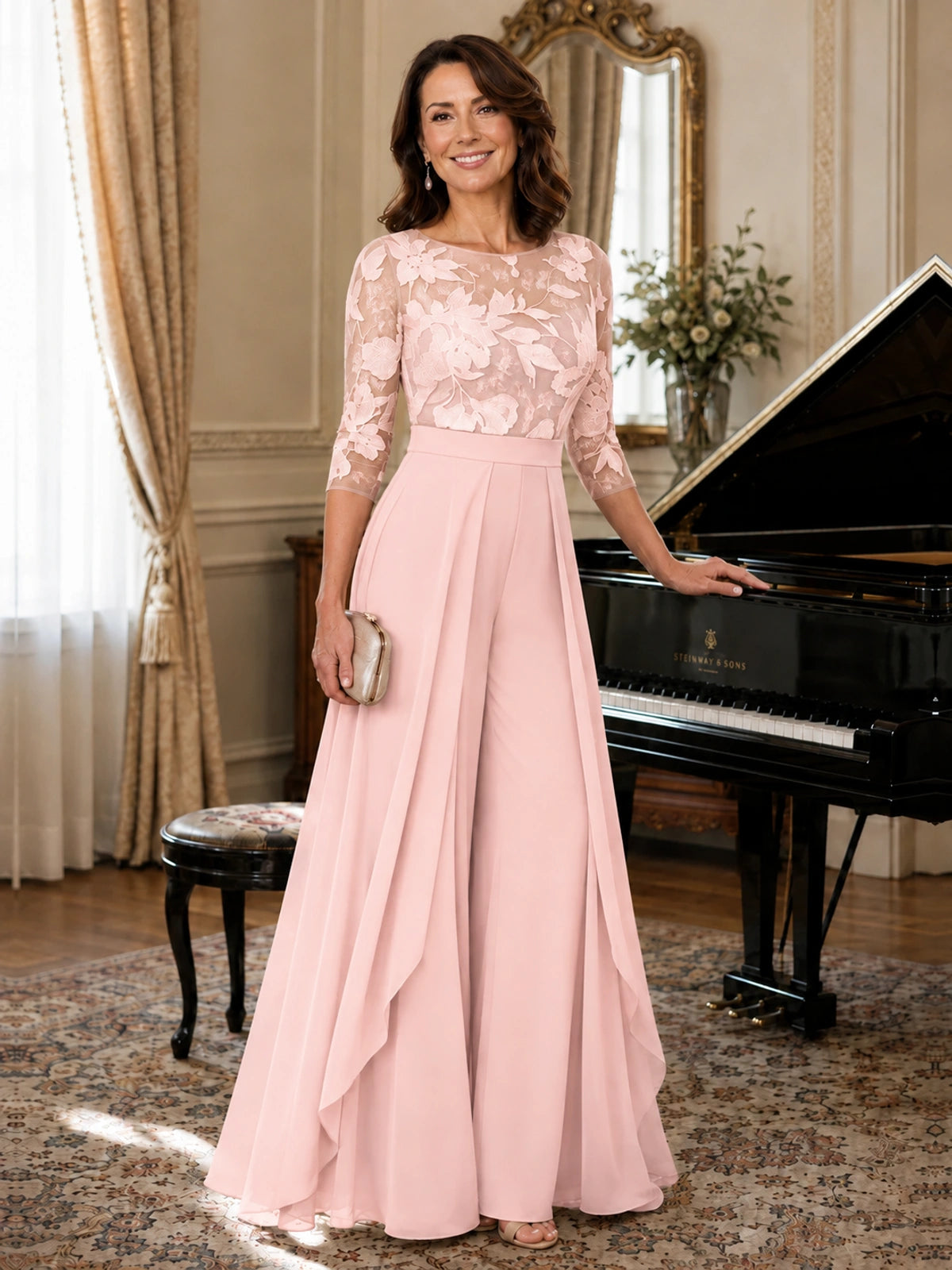 Lace Applique Wide-Leg Chiffon Mother of the Bride Jumpsuit