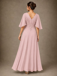 V-Neck Chiffon Lace Mother of the Bride Dress with Flutter Sleeves
