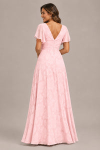 Jovellee Floral Chiffon A-Line Mother of the Bride Dress with Flutter Sleeves