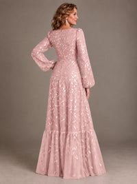 Floral Sequin Embroidered A-Line Mother of the Bride Dress with Long Sleeves