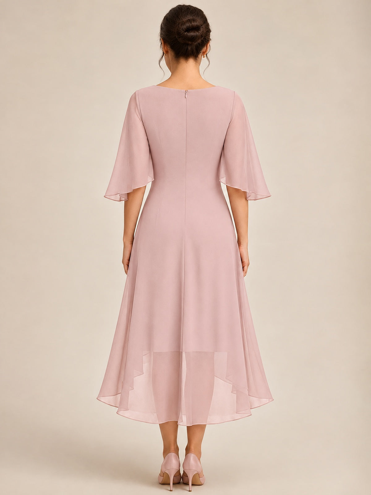 Cowl Neck Ruched Chiffon Mother of the Bride Dresses with Flutter Sleeves