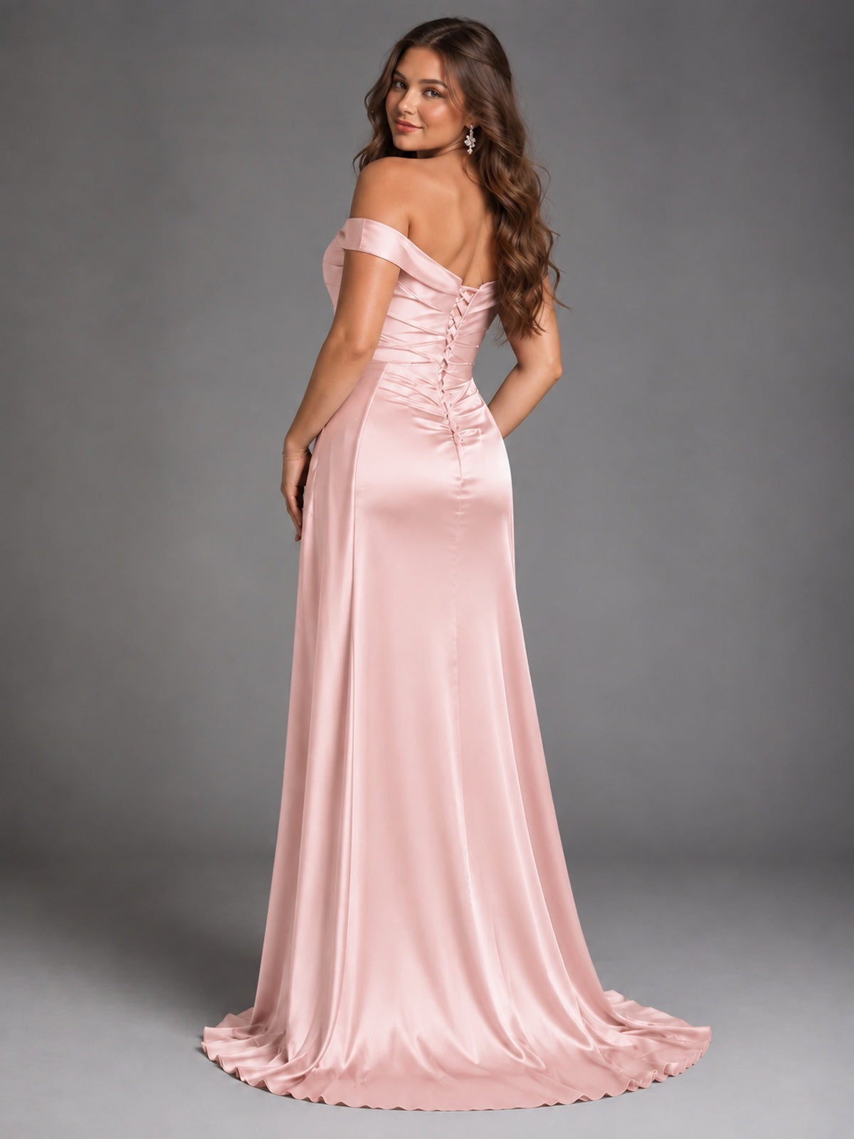 Off Shoulder Satin Maxi Dress with Slit