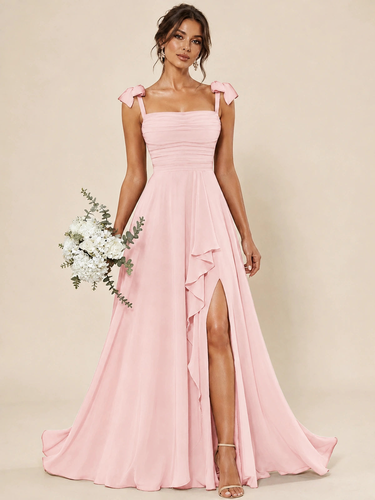 Ruffle Slit Chiffon A Line Scoop Neck Bridesmaid Dresses with Pockets