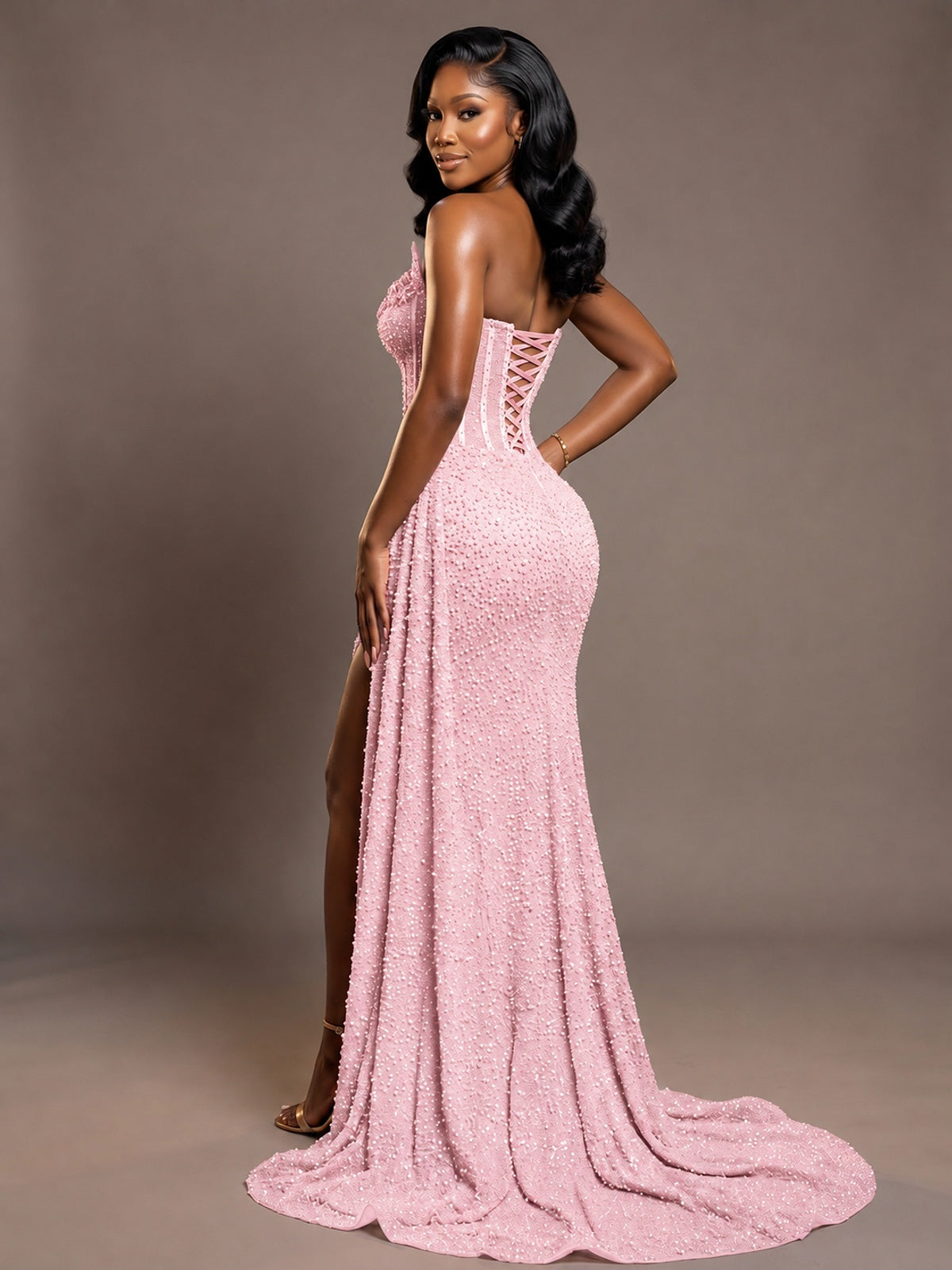 Luxury Strapless Sequin Corset Mermaid Prom Dress with High Slit & Train