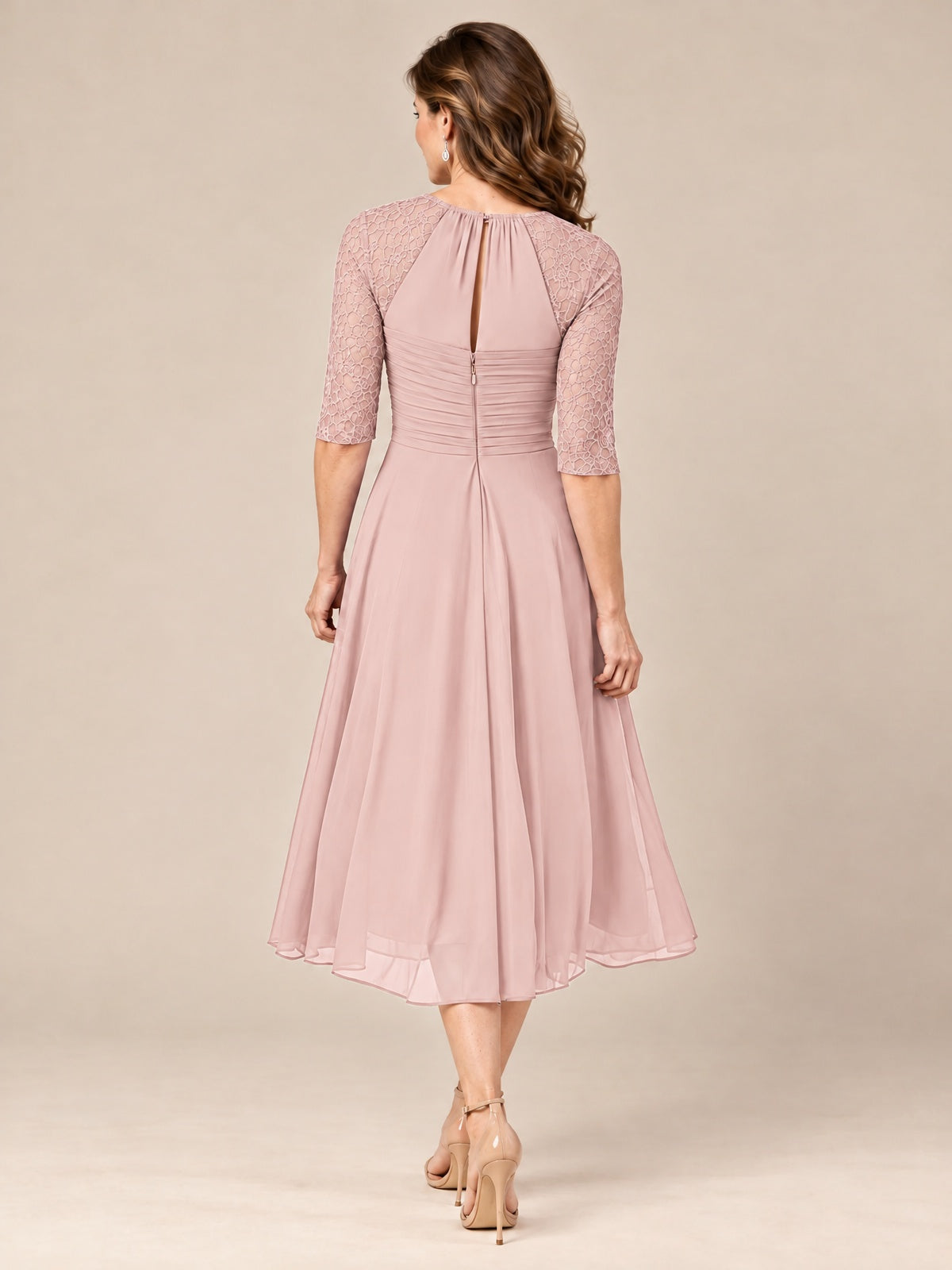 Tea-Length Mother of the Bride Dress with Lace 3/4 Sleeves