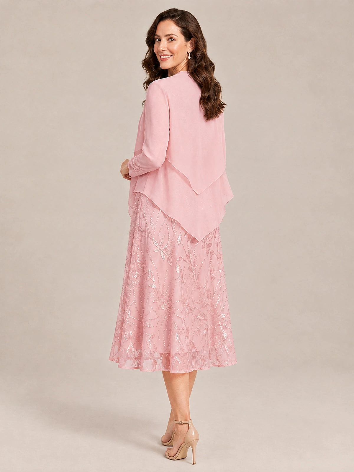 Tea Length Sequin Lace Mother of the Bride Dress with Chiffon Jacket
