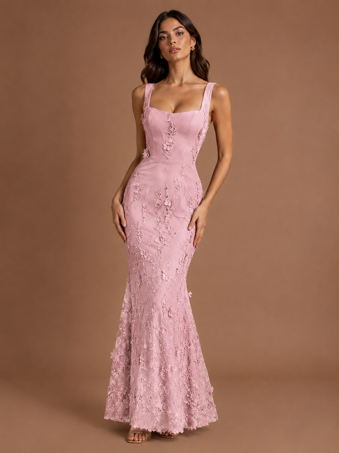 Floral Applique Mermaid Formal Dress with Lace-Up Back