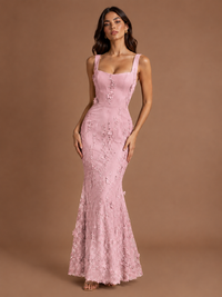 Floral Applique Mermaid Formal Dress with Lace-Up Back