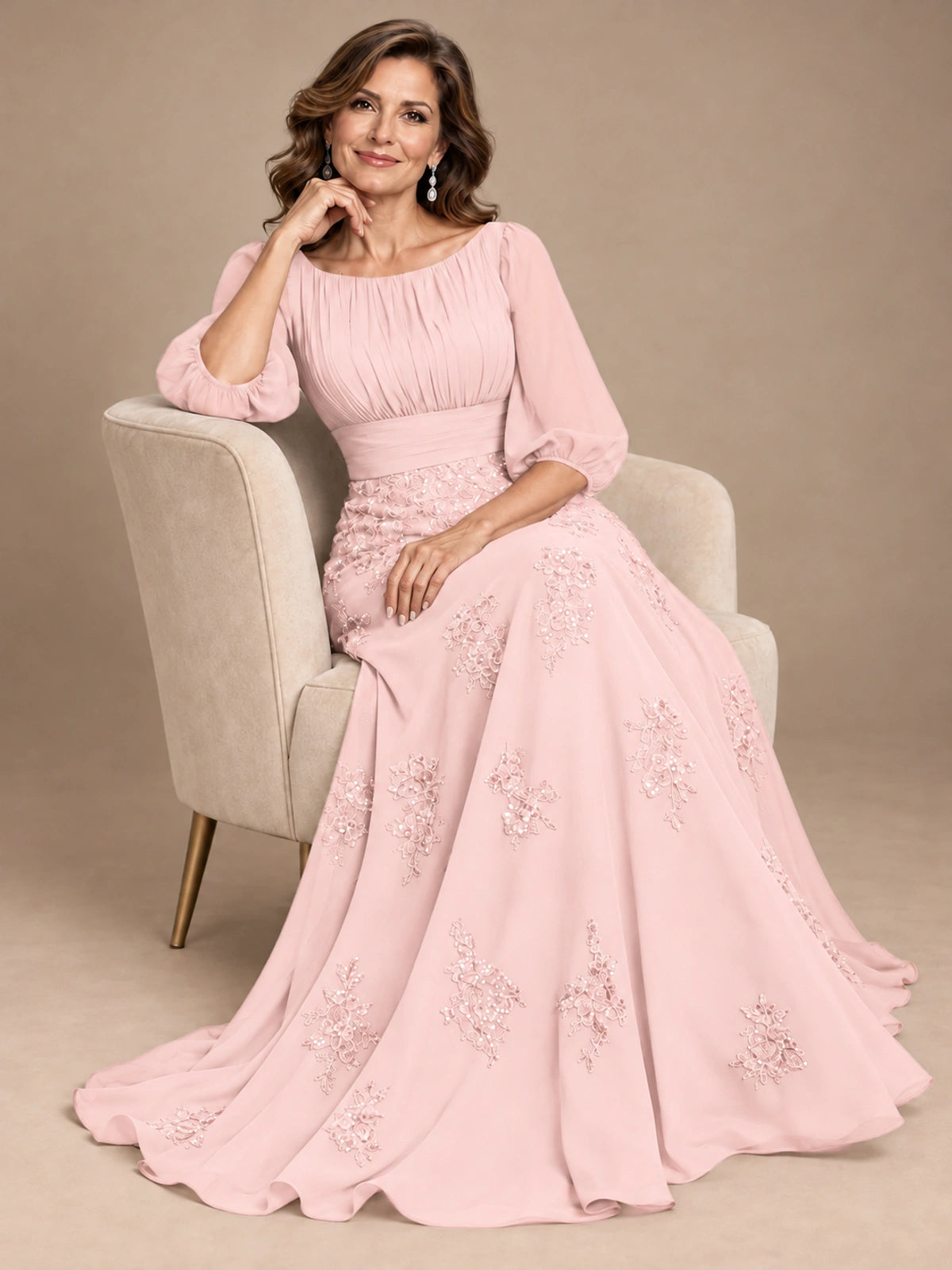 A-Line Mother of the Bride Dress with Sheer Puff Sleeves