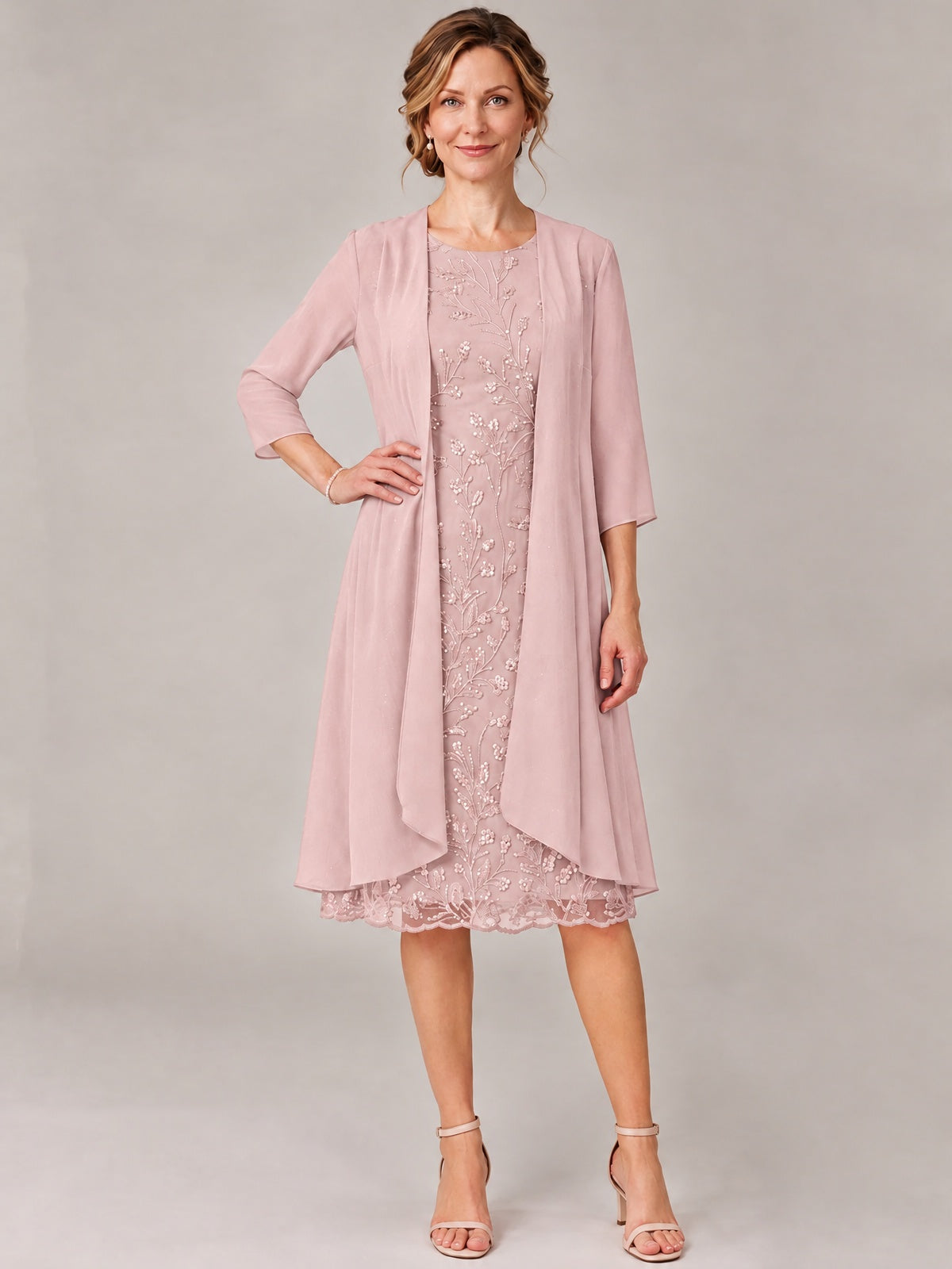 Tea Length Sequin Lace Mother of The Bride Dress with Chiffon Jacket