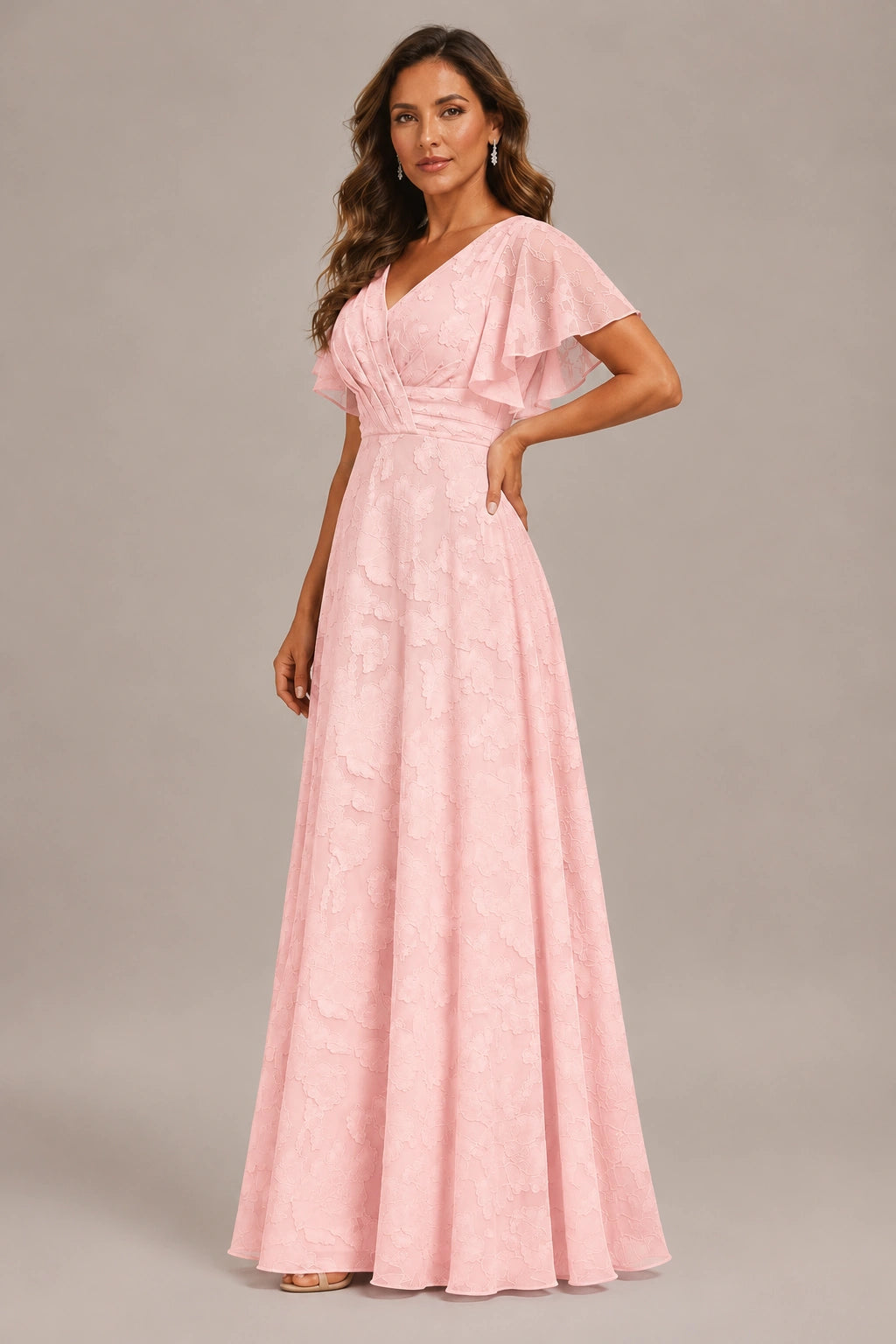 Jovellee Floral Chiffon A-Line Mother of the Bride Dress with Flutter Sleeves