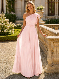 One Shoulder Pleated Chiffon A-Line Floor-Length Bridesmaid Dress