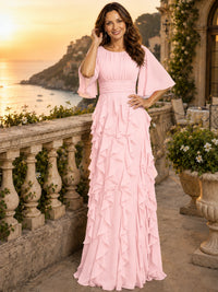 Elegant Chiffon Mother of the Bride Dress with Flutter Sleeves and Ruffle Skirt