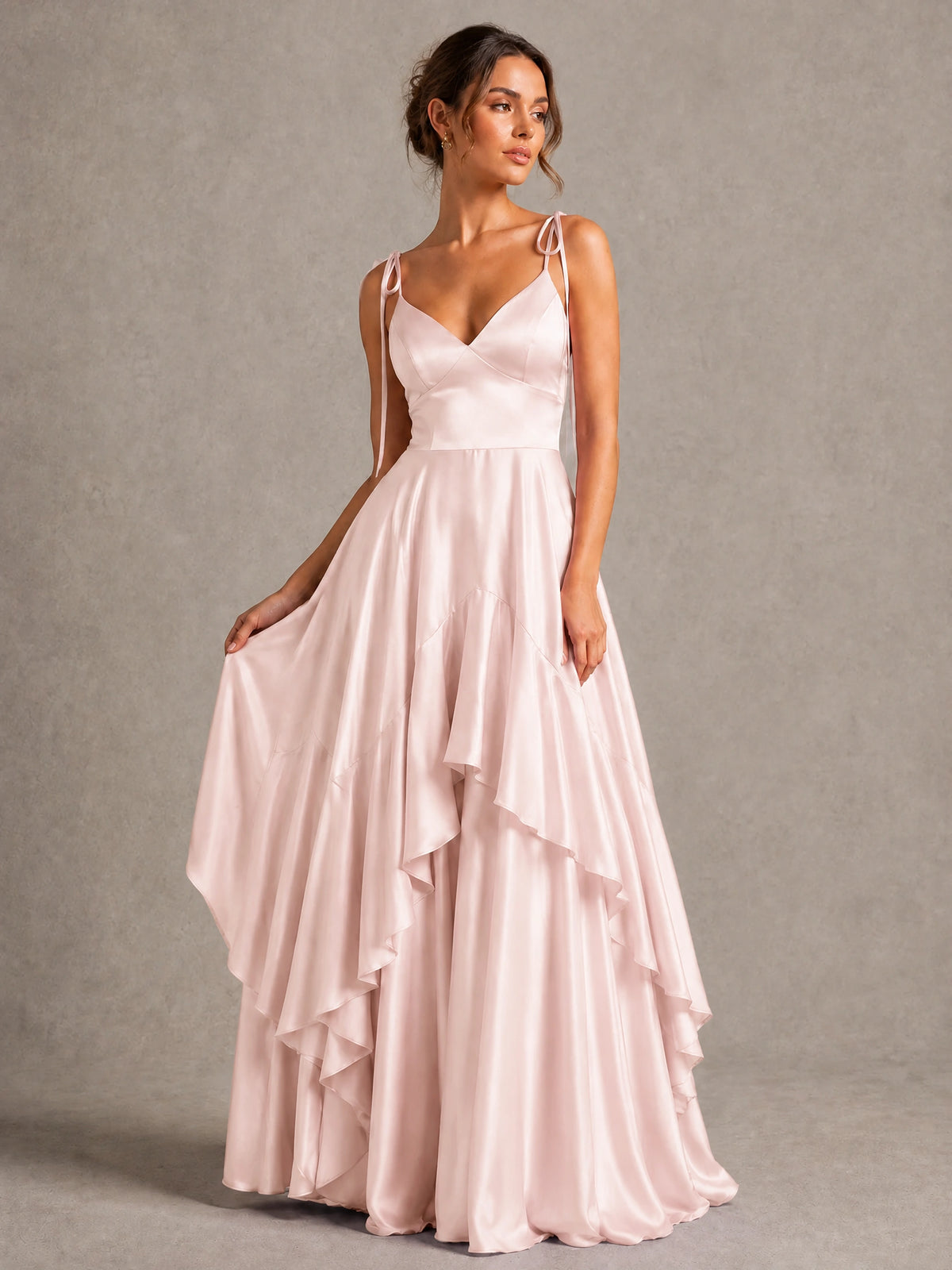Lavender Satin V-Neck Ruffle Maxi Dress