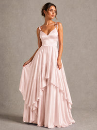 Lavender Satin V-Neck Ruffle Maxi Dress