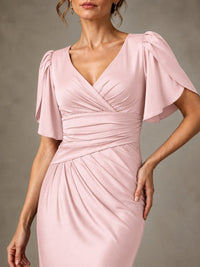 V-Neck Satin Mother of the Bride Dress with Flutter Sleeves