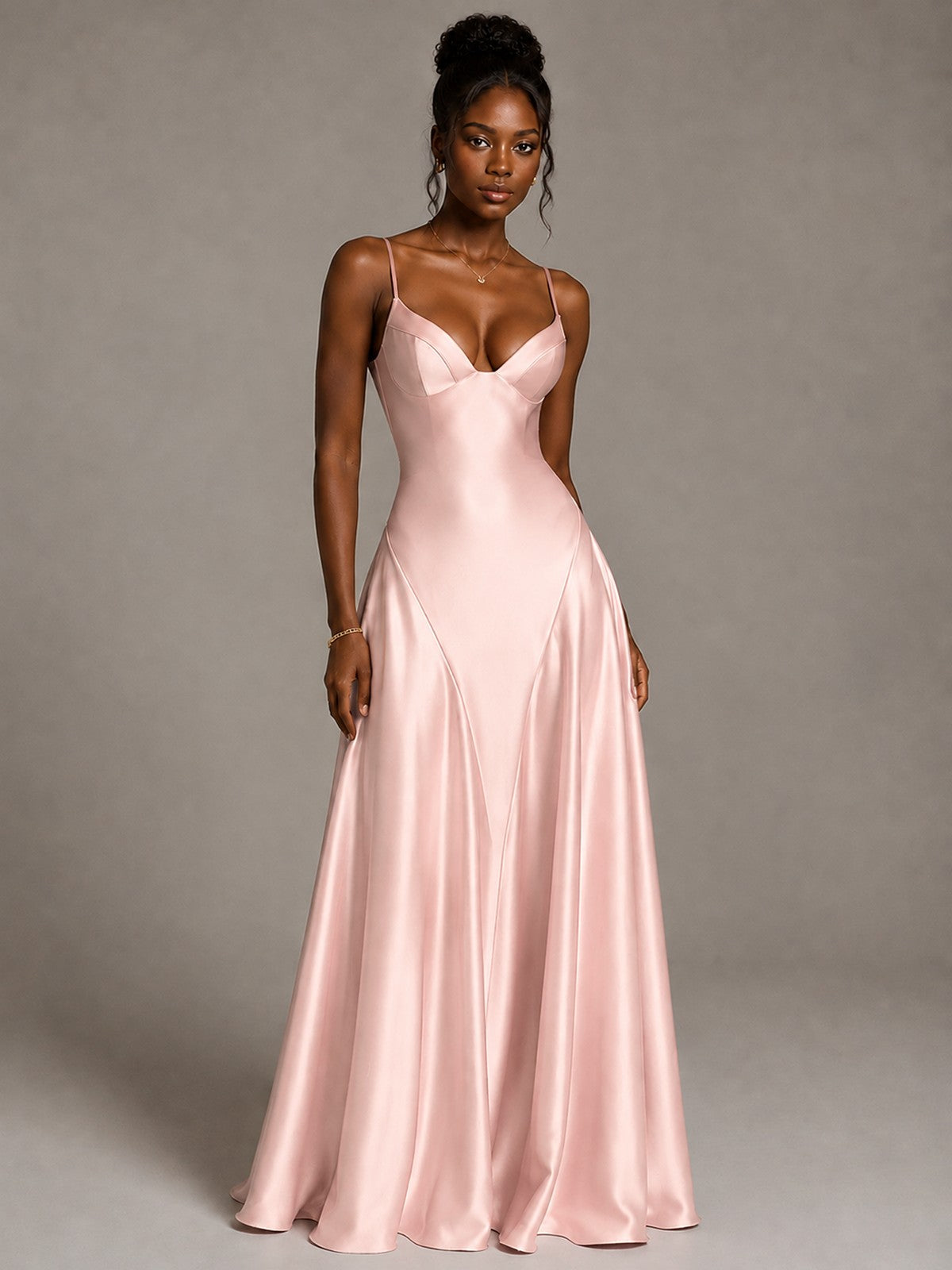 Lavender V Neck Satin Prom Dress with Spaghetti Straps