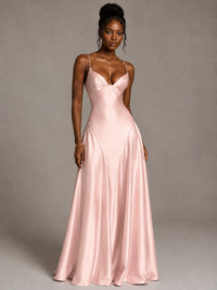 Lavender V Neck Satin Prom Dress with Spaghetti Straps