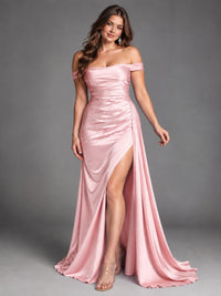 Off Shoulder Satin Maxi Dress with Slit