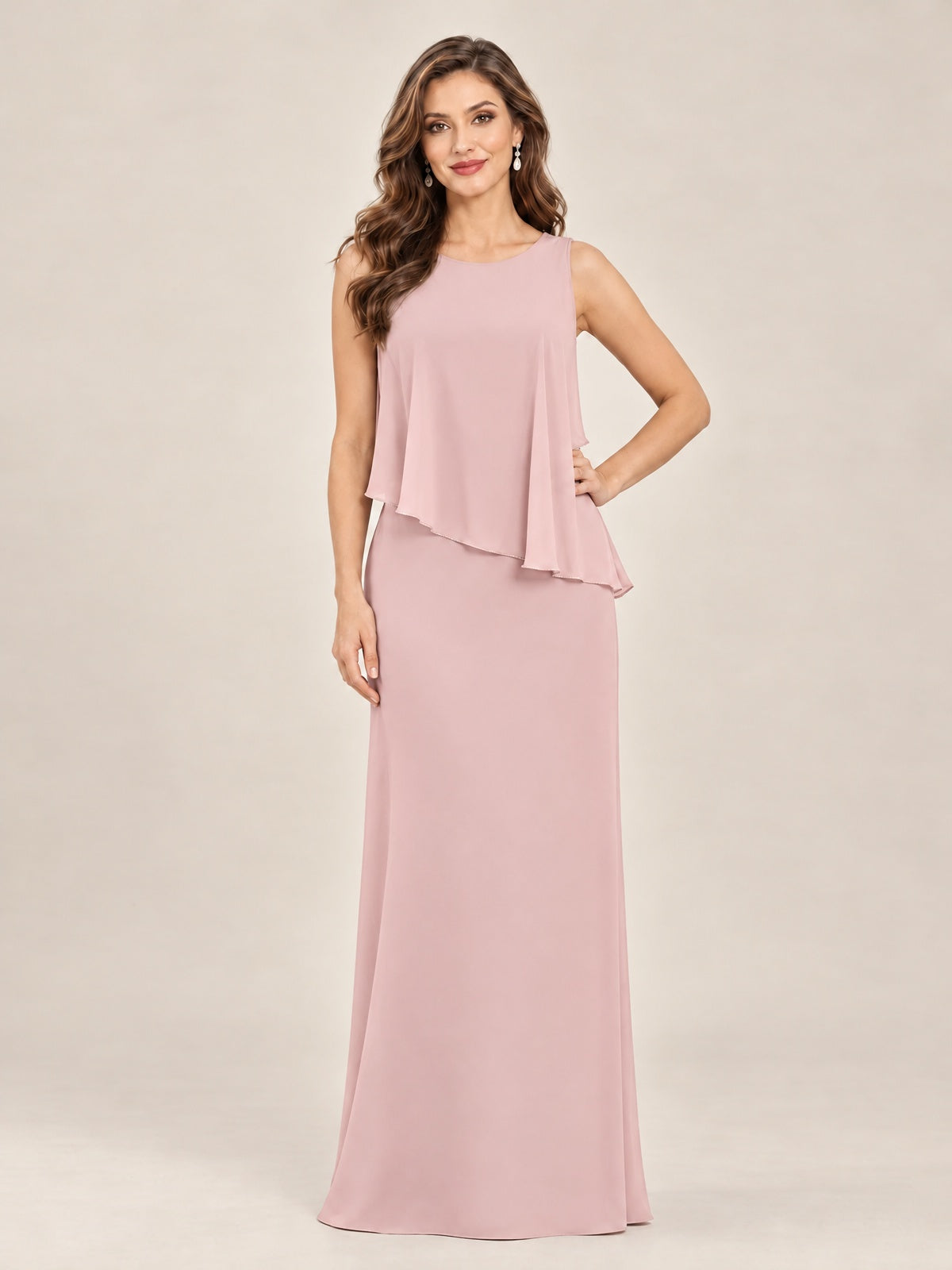 Cape Sleeve Mother of the Bride Dress with Asymmetrical Overlay