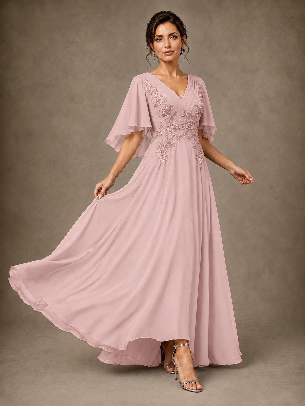 V-Neck Chiffon Lace Mother of the Bride Dress with Flutter Sleeves