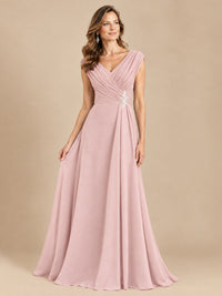 V Neck Pleated Mother of The Bride Dresses with Beading Cap Sleeves