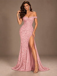 Off the Shoulder Corset Sequin Mermaid Prom Dress with Slit