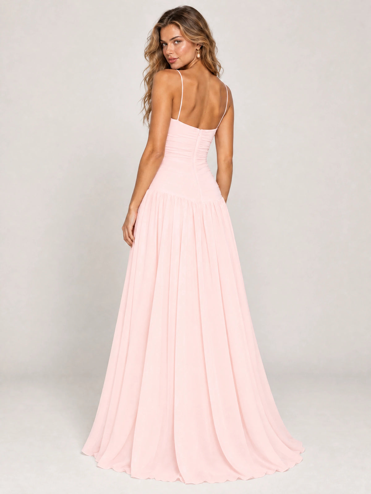 Butter Yellow Ruched Spaghetti Strap Drop-Waist Prom Dress