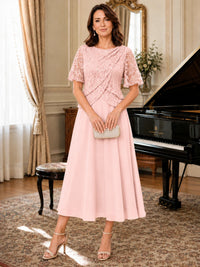 Tea-Length Chiffon Mother of the Bride Dress with Sequin Lace Sleeves