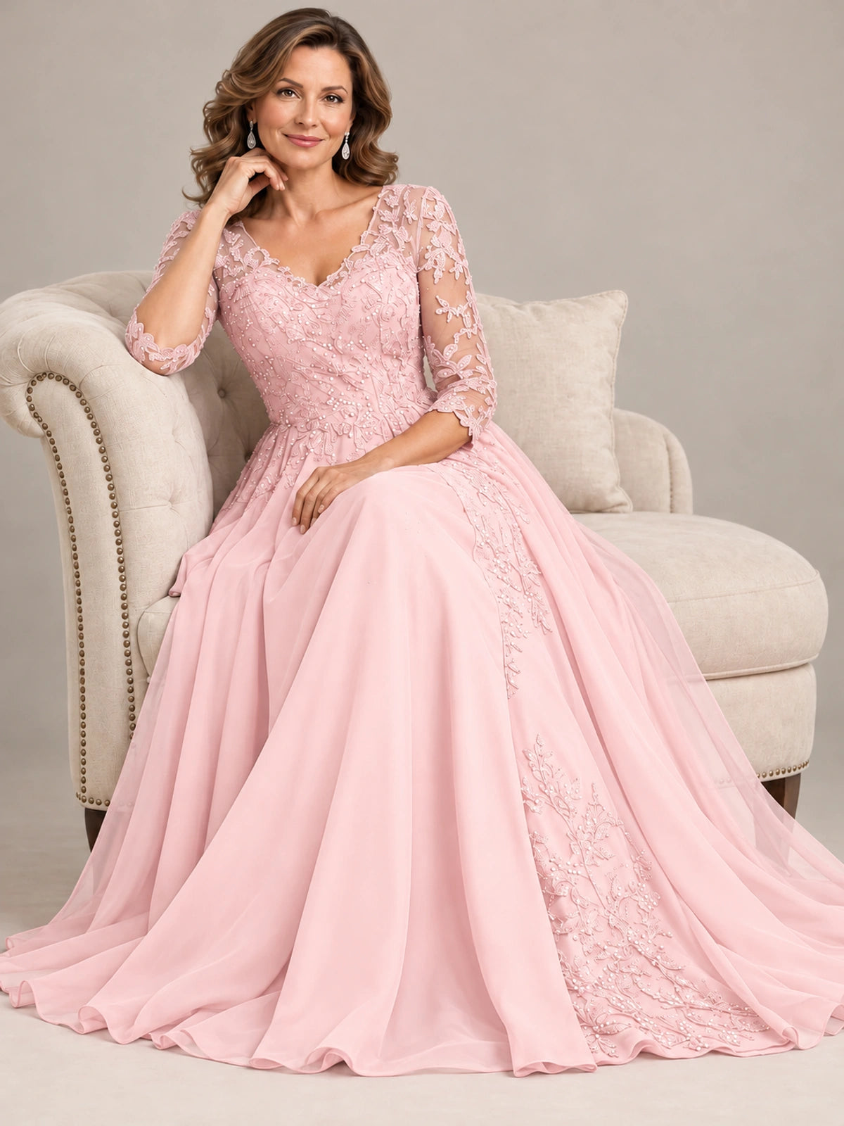 Sequin Lace A-Line Mother of the Bride Dress with 3/4 Sleeves