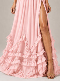 Halter V Neck Chiffon Formal Dress with Lace-Up Back and Ruffle Hem