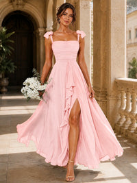 Ruffle Slit Chiffon A Line Scoop Neck Bridesmaid Dresses with Pockets