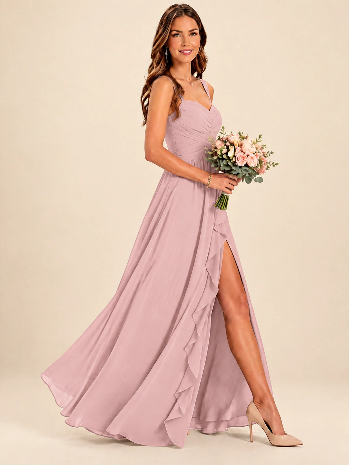 Spaghetti Straps Pleated Chiffon Bridesmaid Dress with Ruffle Slit