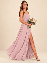 Spaghetti Straps Pleated Chiffon Bridesmaid Dress with Ruffle Slit