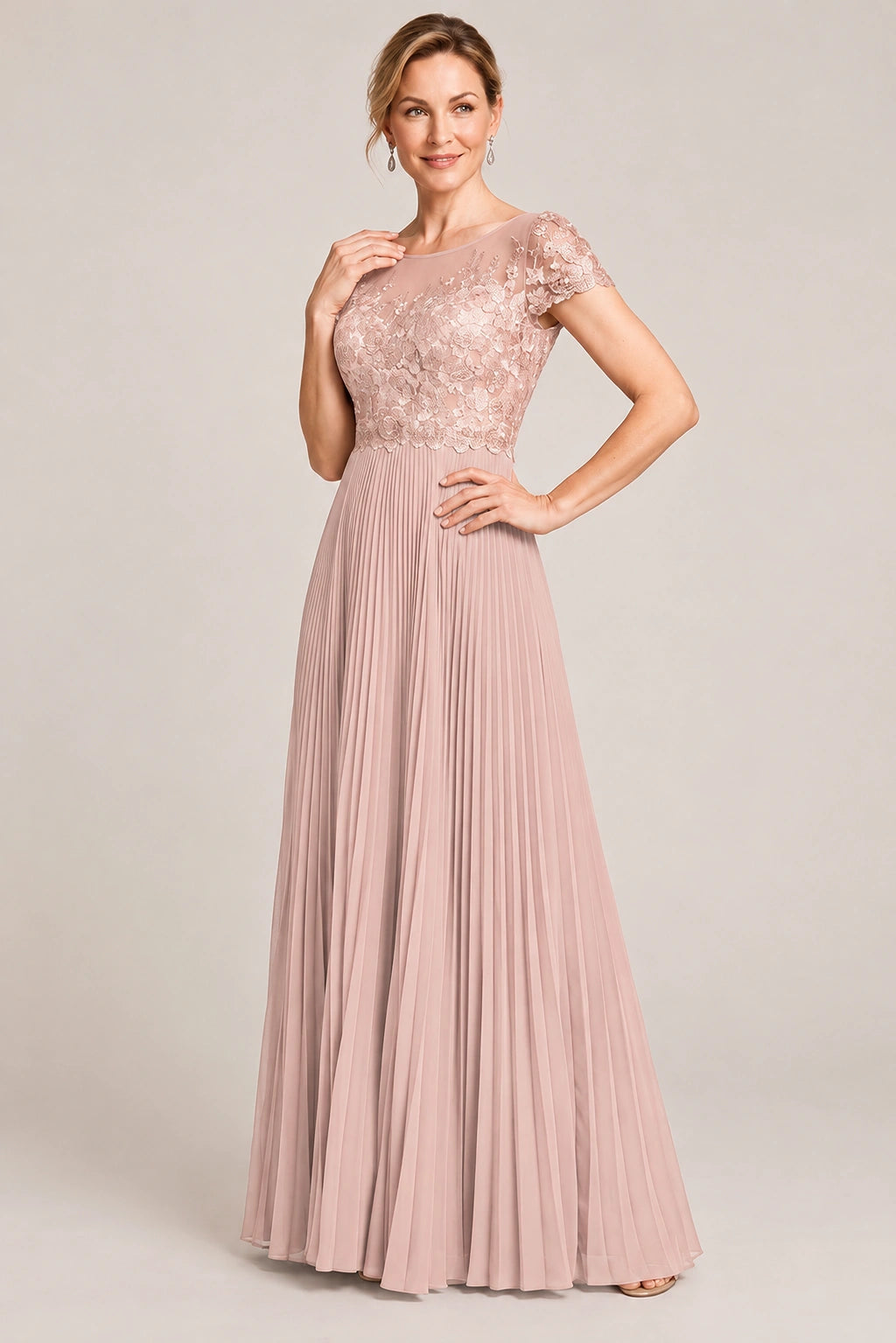 Embroidered Lace Pleated Mother of the Bride Dress