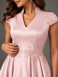 Lace Appliqué A-Line Satin Maxi Dress