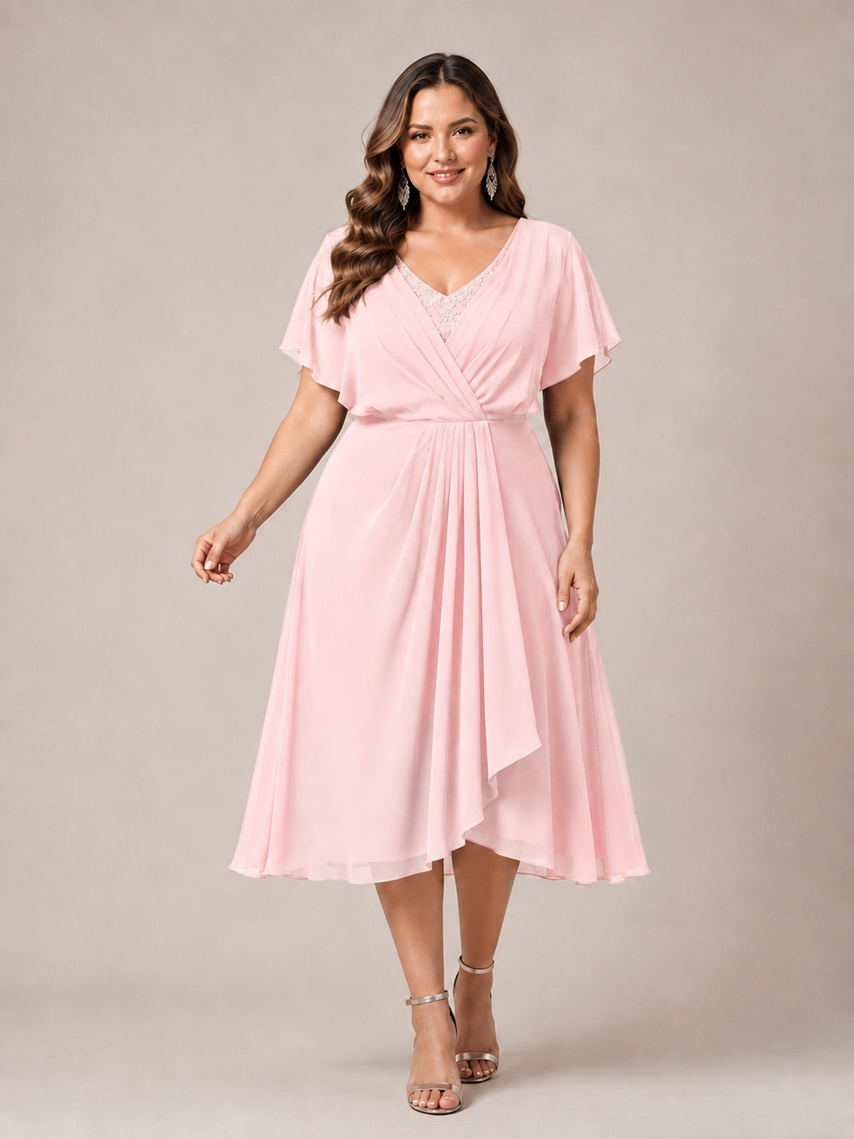 Navy Blue A-Line V-Neck Tea-Length Mother of the Bride Dress